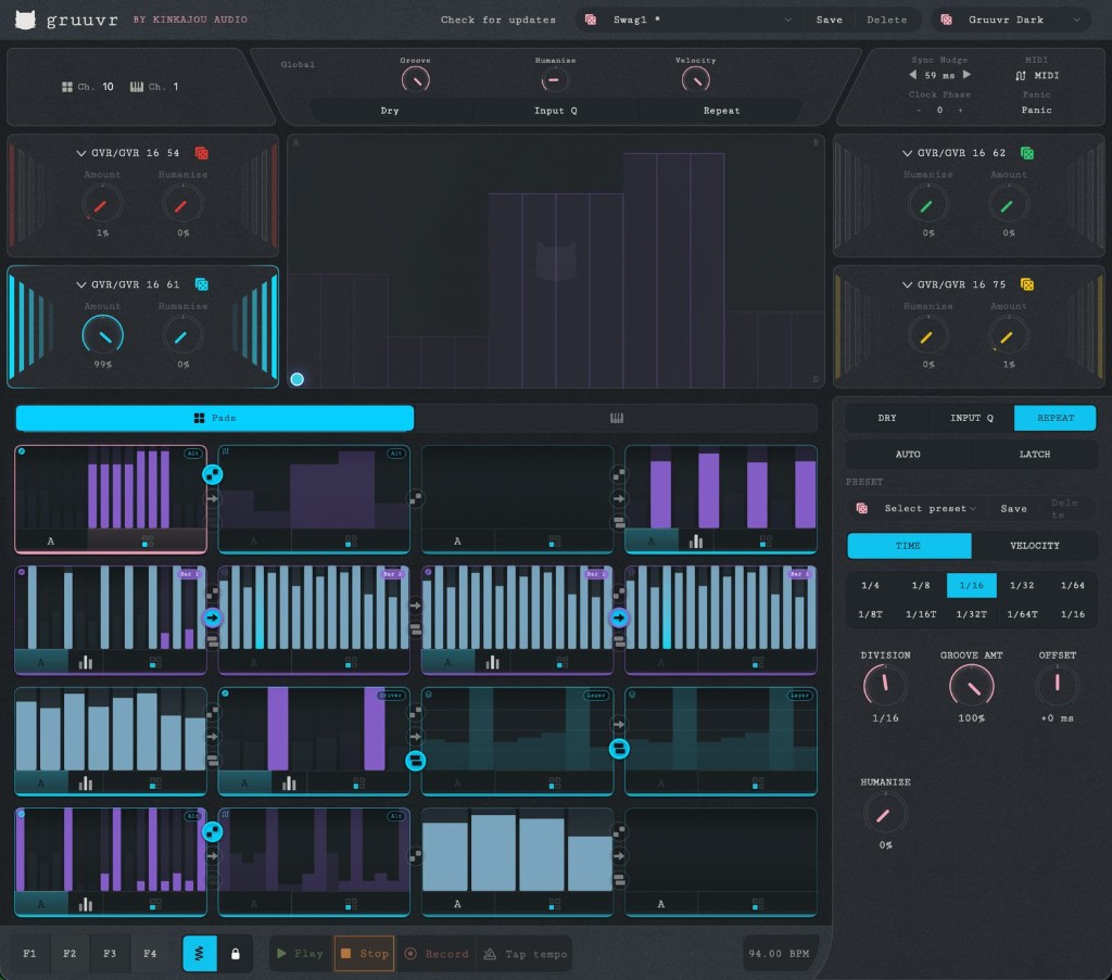 Gruuvr pad inspector showing per-pad timing and velocity controls